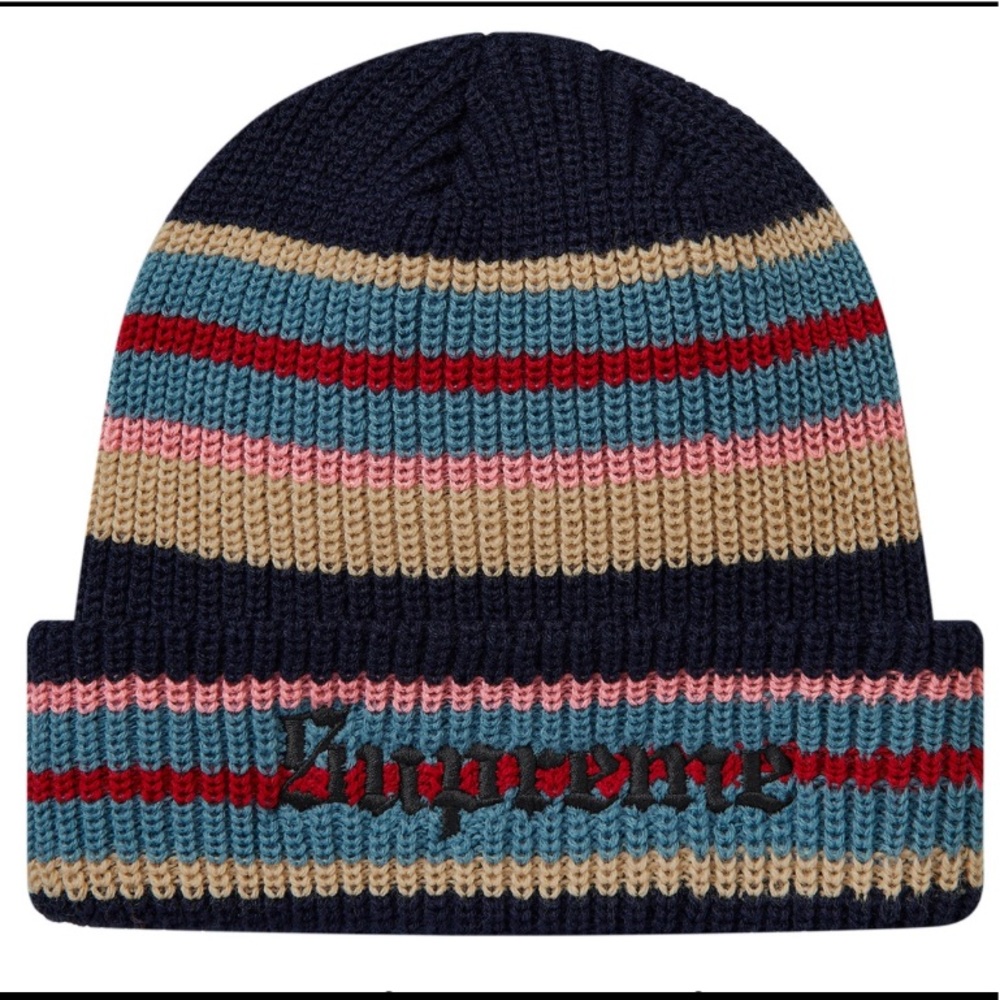 💯AUTHENTIC NWT RARE SUPREME BRIGHT STRIPE BEANIE-Navy!